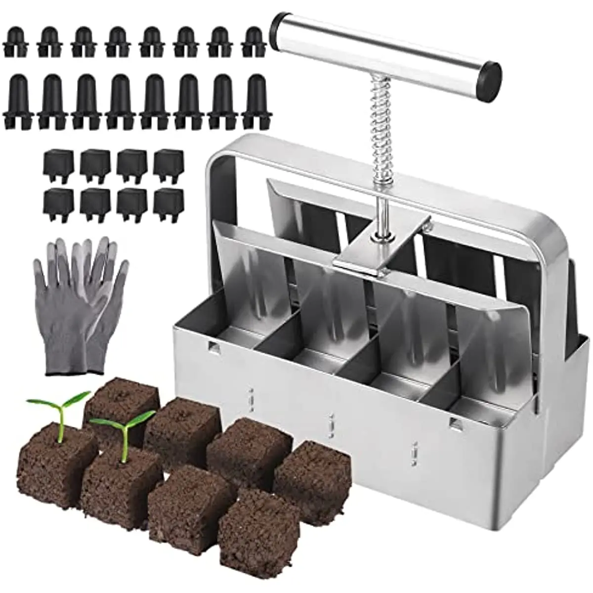 Soil Block Maker 8 Cell Hand Held with Garden Gloves 2 Inch Molds Soil Blocking Tool Protecting Seedling Transplants from Damage