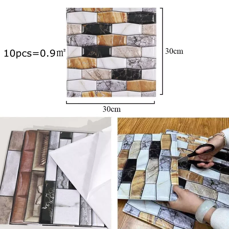 

New 10/20pcs 3D Wall Sticker Marble Pattern PVC Waterproof Self-Adhesive Wall Paper 30x30cm Brick Grain Bathroom Wall Stickers