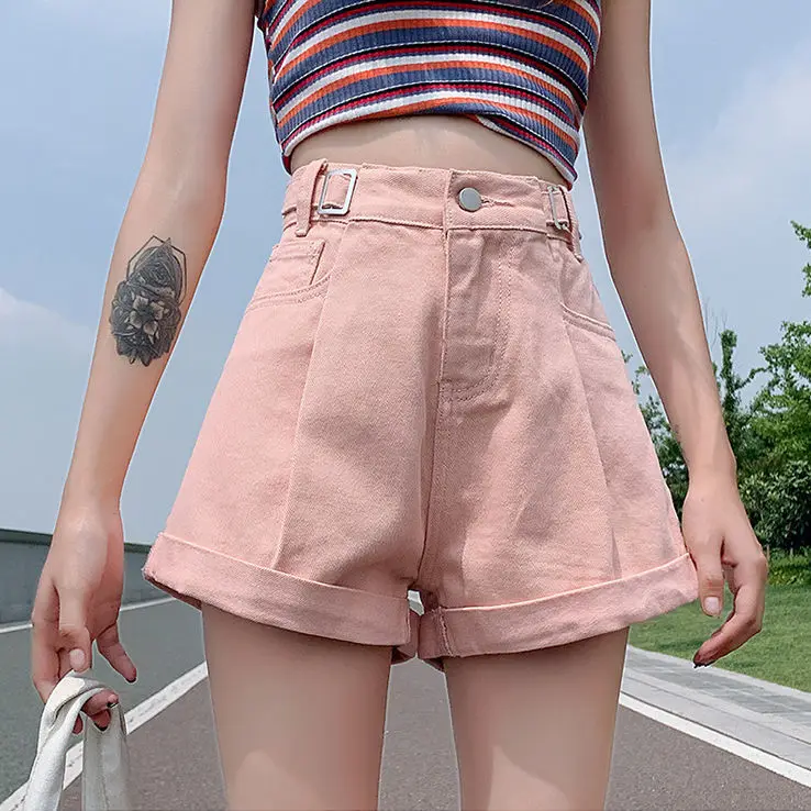 

2022 Summer Women's Fashion Solid Color Denim Shorts Female High Waist Wide Leg Shorts Ladies Loose Casual Shorts Jeans D155