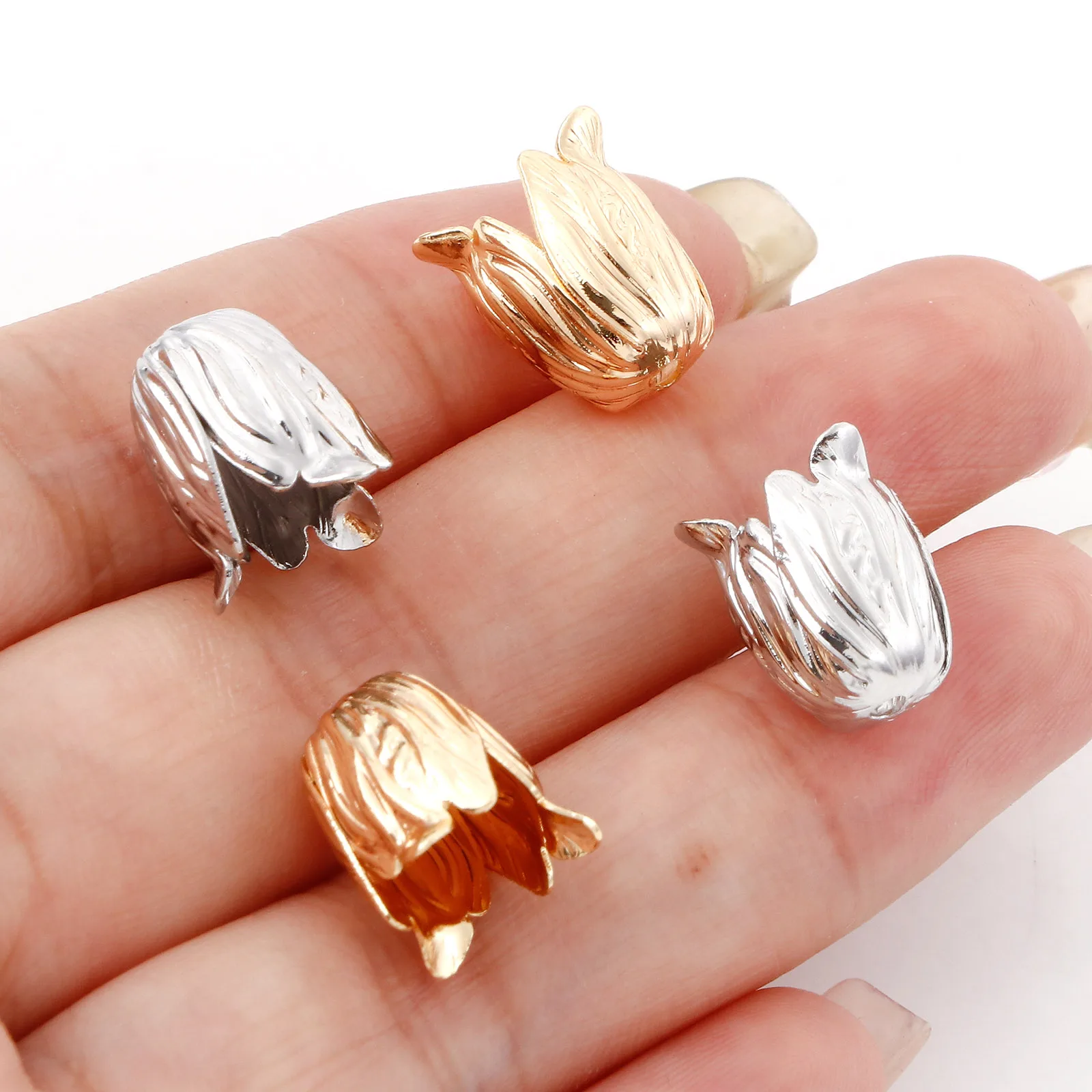 Медные шапочки для бусин, 2 шт., шапочки для бусин в форме тюльпана золотого цвета, шапочки для бусин, подвески для ювелирных изделий, для самодельных сережек (подходит для бусин 8 мм) 13x11 мм