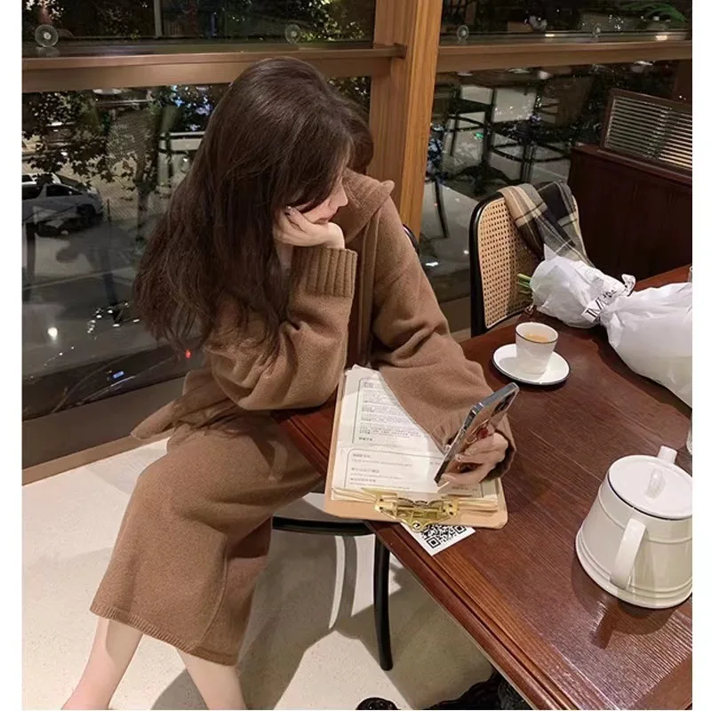 

Korean Autumn Winter Women Clothing Two-piece Suit 2022 High-level Hooded Knitted Sweater + Mid-calf Skirt Set Women Daily Suit