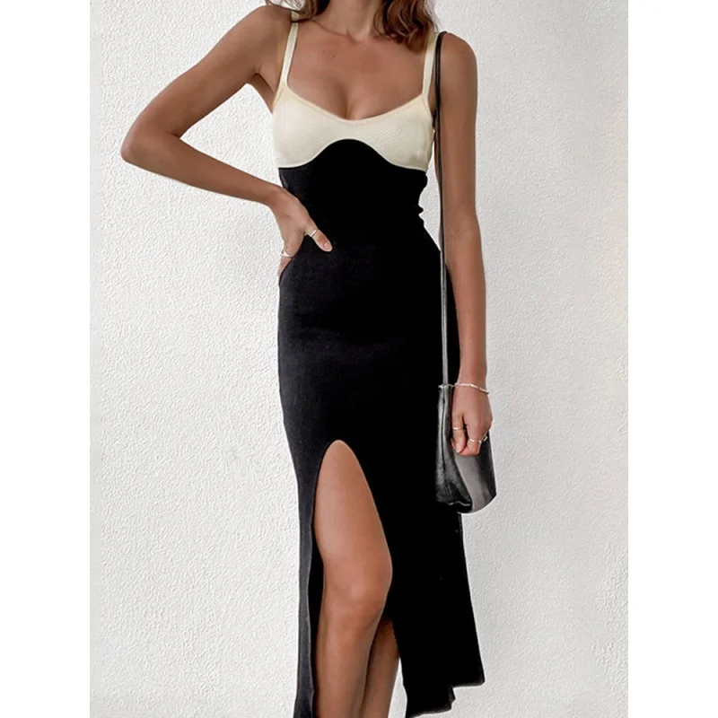 

instahot Contrast Color Chest Slit DressinsSpring New European and American Slim-Fit Slim Backless Suspender Dress
