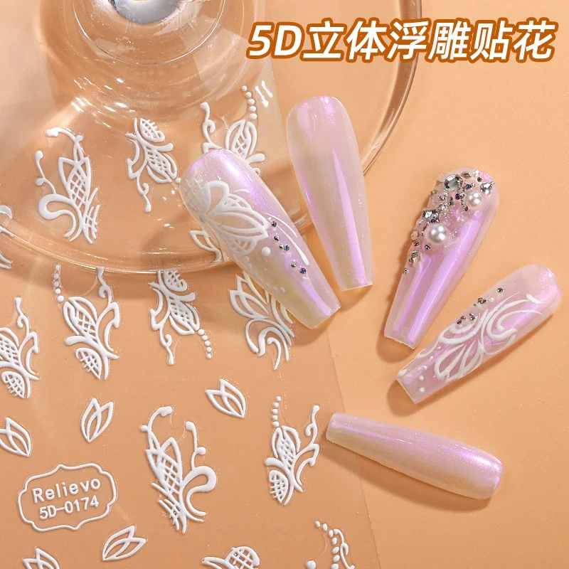 

2023 5D Embossed White Lace Pattern Nail Stick Nail Art Decorations Faux Ongles Autocollants Uñas Postizas Gratis Pack of 10
