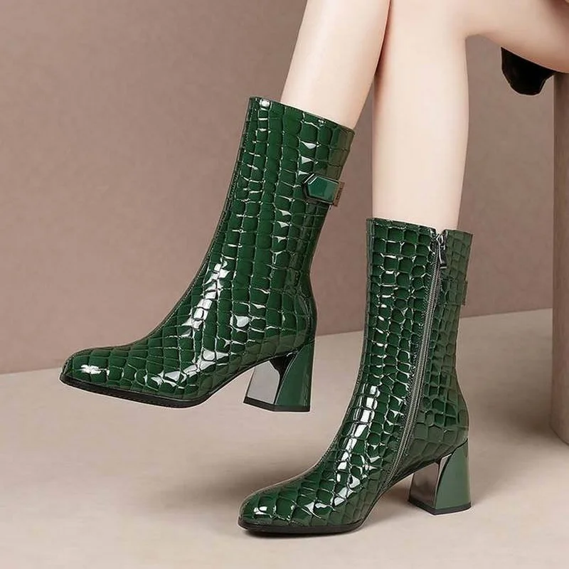 

Женские сапоги до середины икры FHANCHU 2022 из воловьей кожи, модная зимняя обувь на высоком каблуке, сапоги с круглым носком, боковая молния, чер...