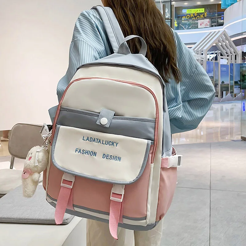 

Est Backpack Kawaii Panelled Schoolbag For Teenager Girls Preppy Cover Letters School Bag Women Shoulders Bolsa Mochila Pink Bag