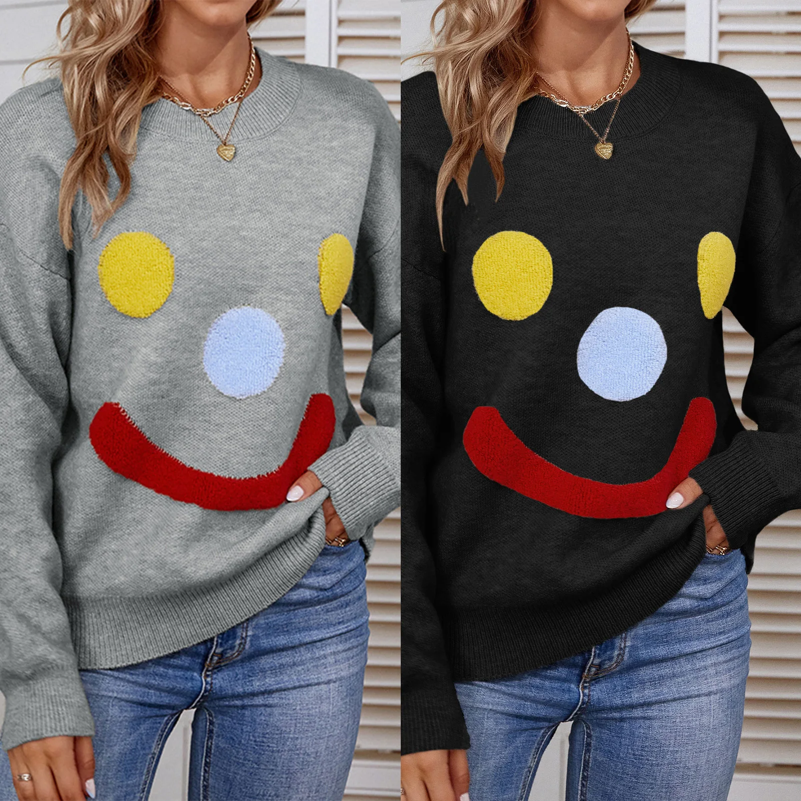

Women Cute Loose Sweater Cartoon Knit Smiley Face Sweaters Trendy Stylish Autumn Winter Outerwear