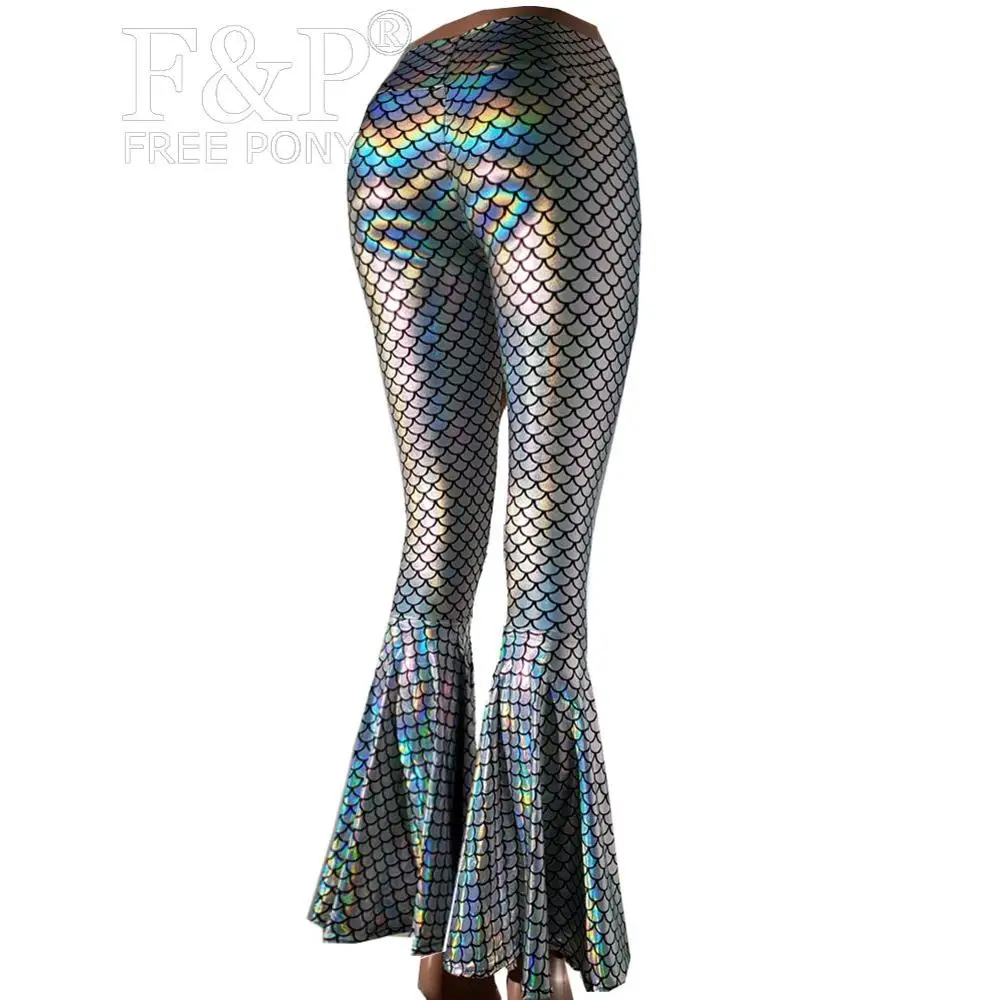 Holographic Mermaid Rave High Waisted Leggings Bell Bottom Pants ...