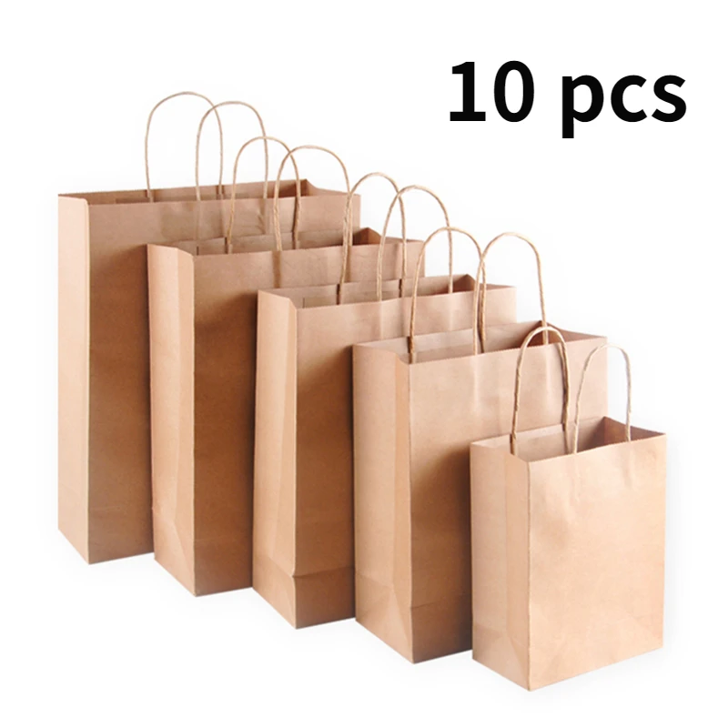 

10pcs Kraft Paper Bag with Handles Wood Color Packing Gift Bags for Store Clothes Wedding Christmas Party Supplies Handbags