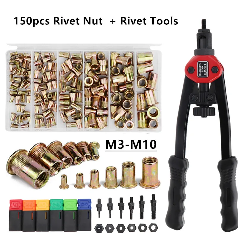 

150pcs Rivet Nut +Hand Threaded Rivet Nuts Gun BT605 M3 M4 M5 M6 M8 Double Insert Manual Riveter Gun Riveting Rivnut Rivet Tool