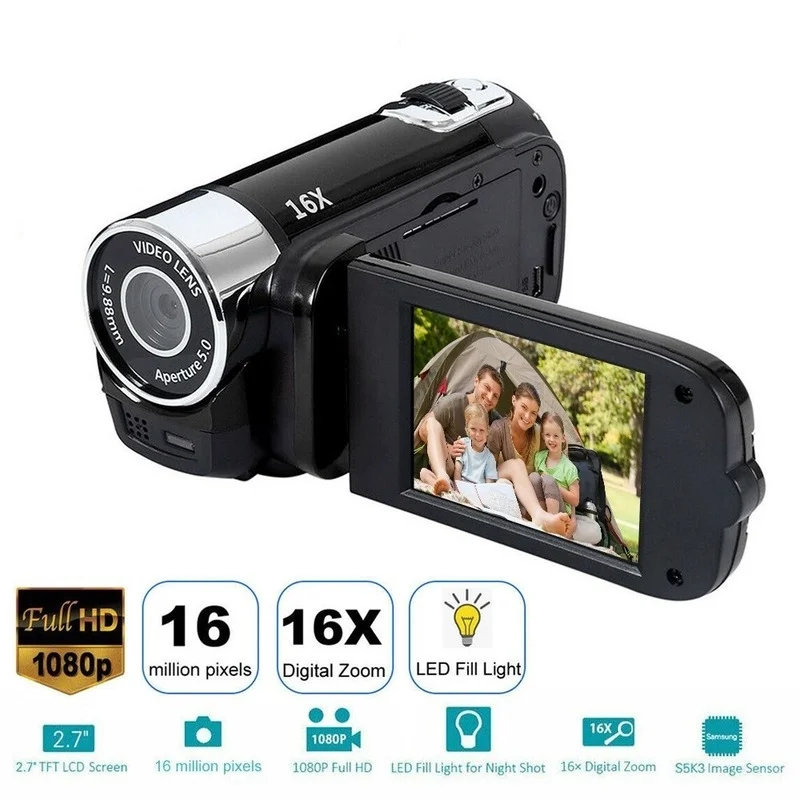 

1080P Video Camera HD Digital Camcorder 270 Degree Rotation 2.7 Inch 16MP Display High Definition DV for Shoot Recording CE