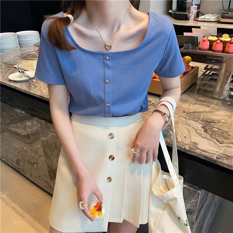 

2022 short-sleeved women's vest T-shirt women's top short comfortable all-match casual slimming sexy V-neck round neck