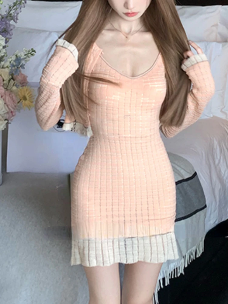 

Slim Bodycon 2 Piece Dress Set Woman Short Sweater Tops Sexy Strap Knitted Dress Party Elegant Y2k Mini Dress Korean Suit 2023