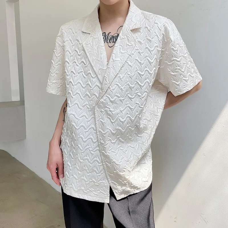 Summer Pleat Design Suit Collar Shirts Men Original Korean Loose Short Sleeve Casual Shirt Streetwear Social Party Male Clothing