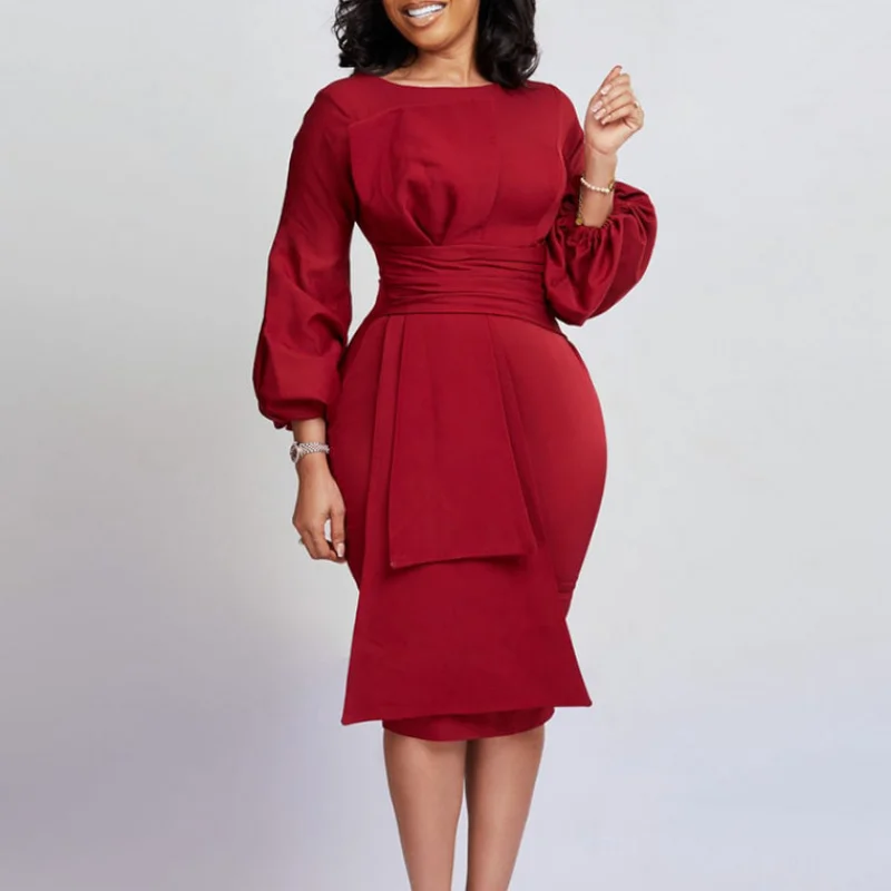 

Summer Evening Party Dress Women's Elegant Tunic Bodycon Midi Dress Femme Long Sleeve Solid Color Vestidos De Mujer Office Lady
