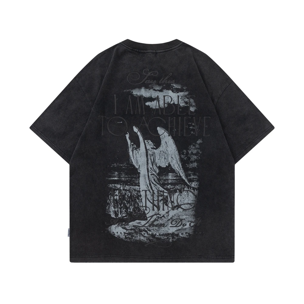 

Gothic Pattern Letter Print Short Sleeve T-shirt Women's Loose Tees Summer Round Neck Washed Black Distressed Retro Cotton Tops
