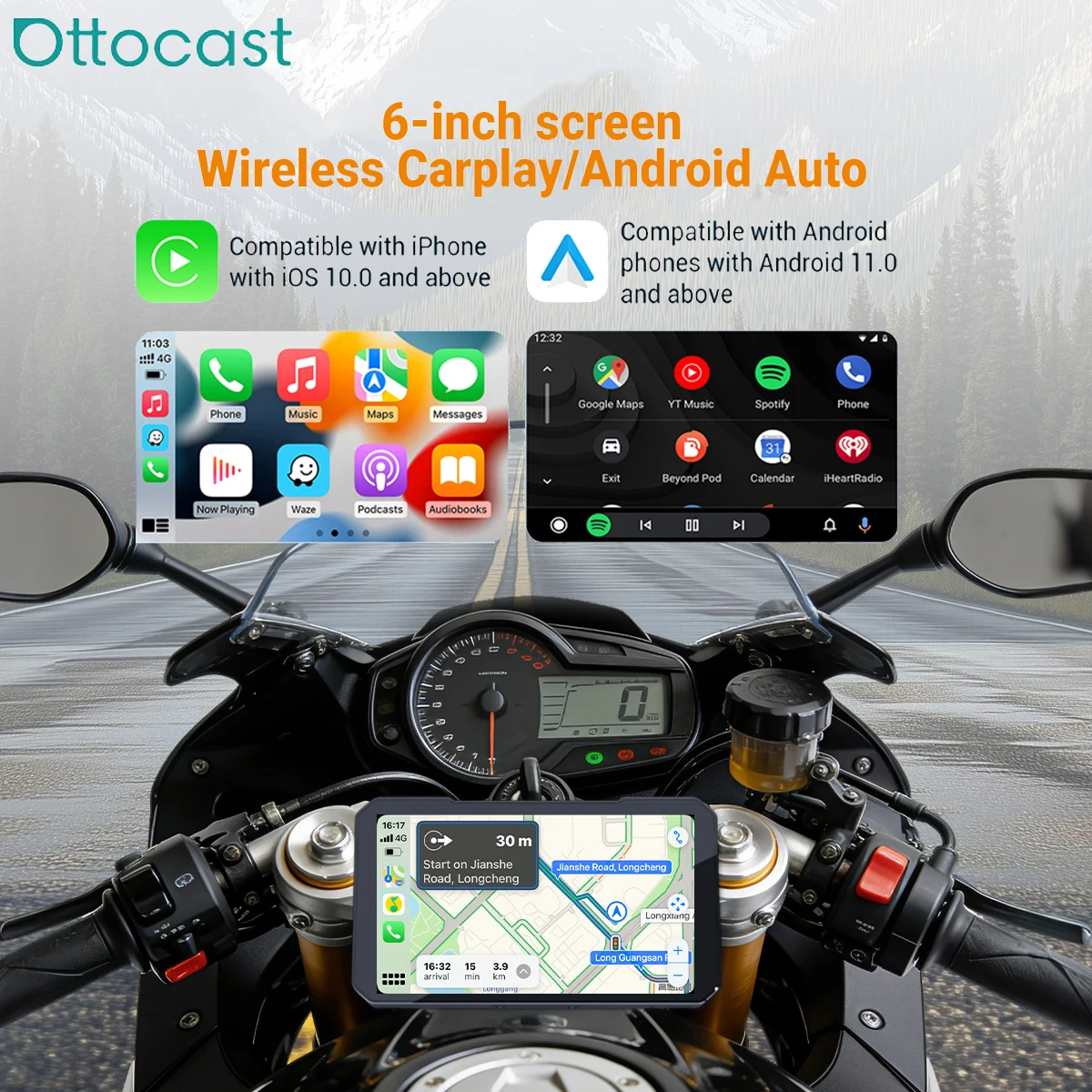 Фото Мотоциклетный экран OTTOCAST C6 с беспроводным CarPlay и Android Auto, видеорегистратором, датчиками давления в шинах (TPMS), водонепроницаемостью IP67 и 6-дюймовым сенсорным экраном №2