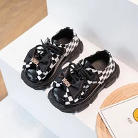 bow spring lace up new childrens girls checkerboard leather shoes non slip korean style 2022 princess kids fashion casual shoes