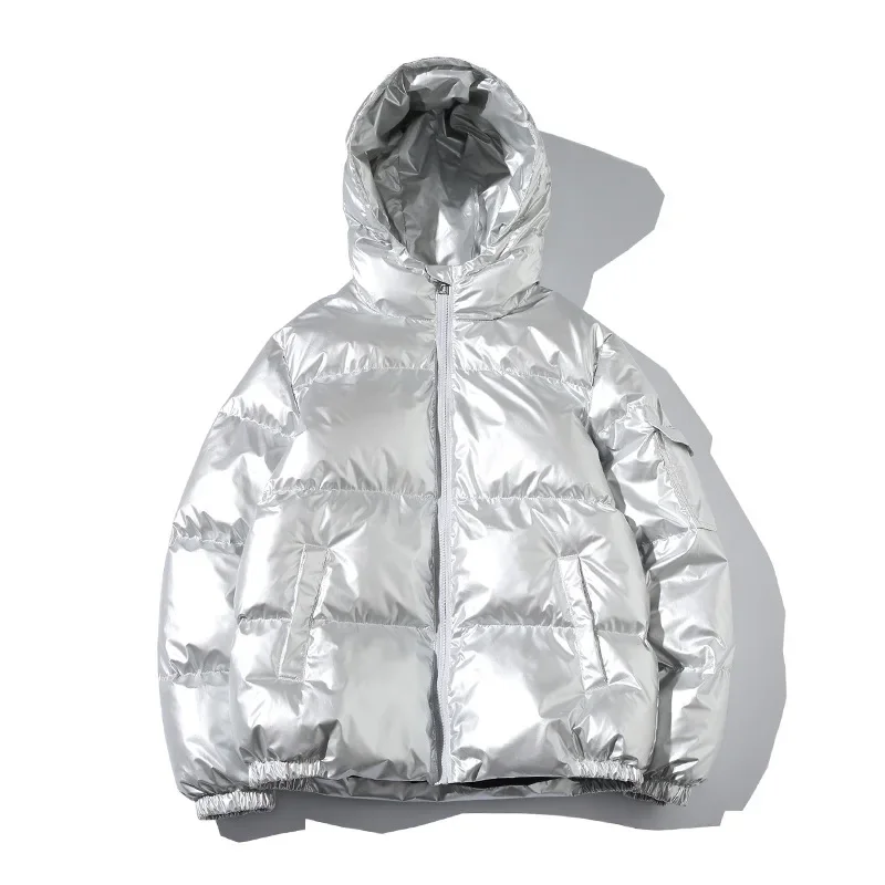 

Mens White Shiny Hooded Coat Thick Plus Size Short Cotton Puffy Silver Reflective Coat Male Winter Parka Boys Quilted Jacket 4xl