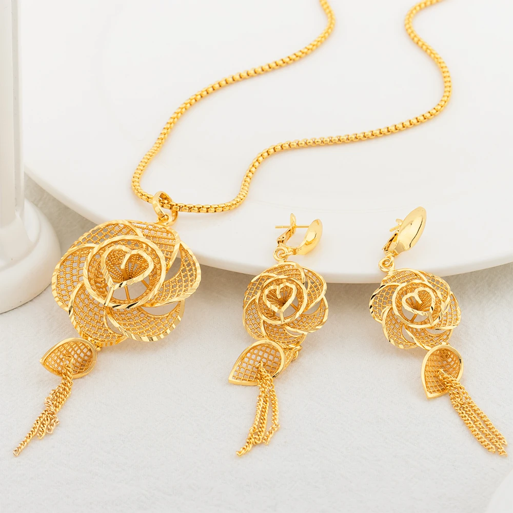

2PCS Flower Jewelry Sets for Women African Party Wedding Gift Tassel Earrings Dubai Gold Color Love Pendant Jewellery Accessory