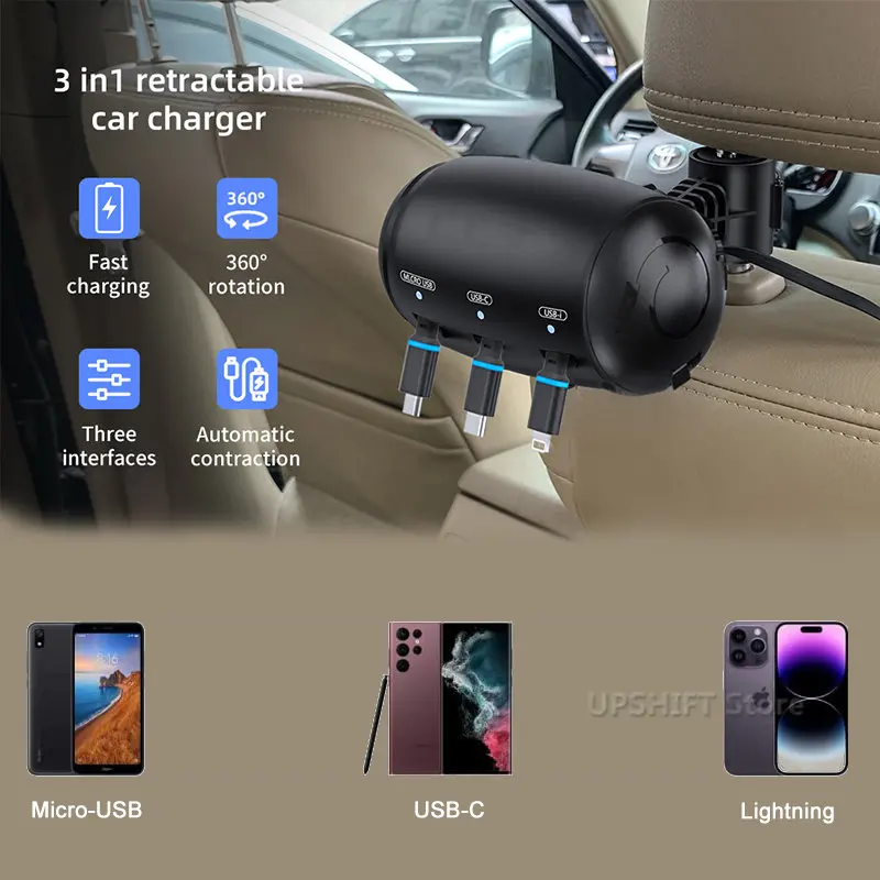 Multi Car Retractable Backseat 3 In 1 Car Charging Station Box for All Phone/IPhone/Samsung/Android/Share Ride Customer Charging