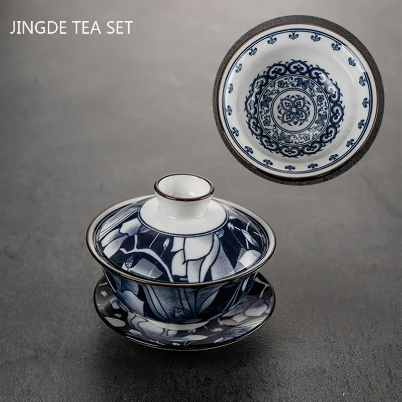 

Китайский стиль, синий и белый фарфоровый чайный набор, бытовая плитка, белая фарфоровая чаша, чайная чашка ручной работы, чайница