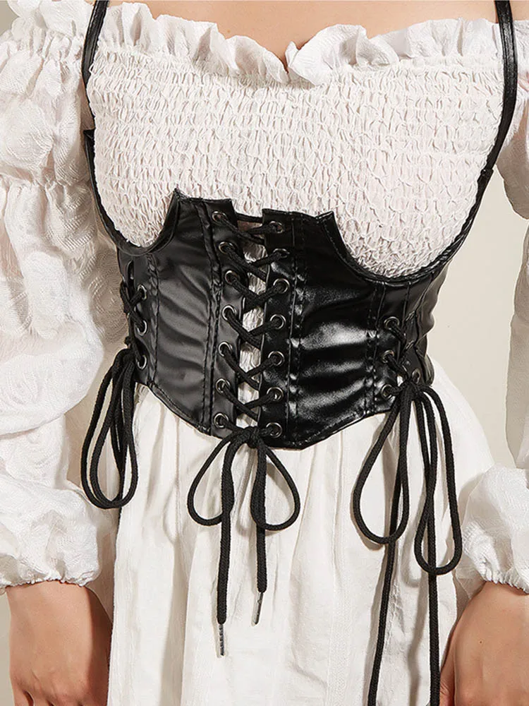 Sexy PU Leather Crop Top Corset Belt Punk Tank Top Women Lace-Up Bandage Wide Waist Belt Gothic Bustier Shapewear Streetwear