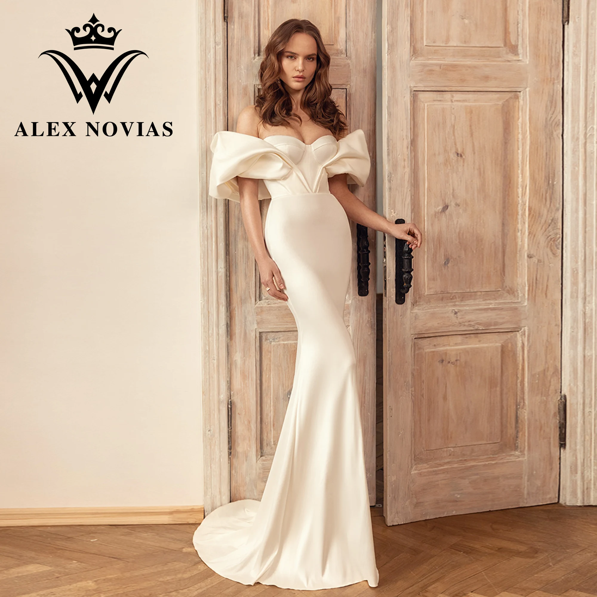 

Свадебное платье с юбкой-годе ALEX NOVIAS, атласное платье-футляр с открытыми плечами и застежкой-молнией, 2023