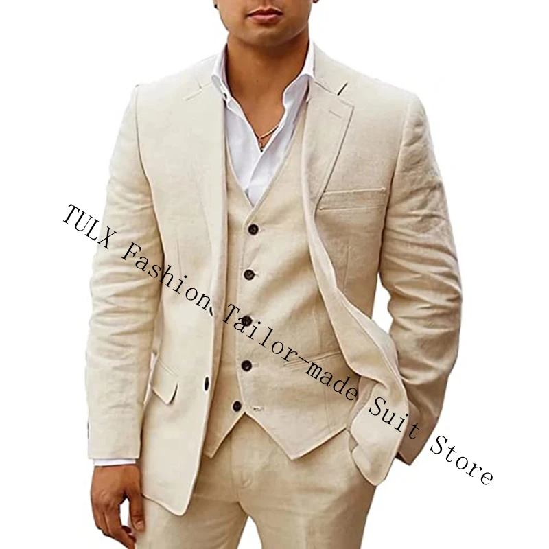

Костюм для мужчин из 3 предметов, льняные костюмы для шафера, пиджак + жилет + брюки, с лацканами и двумя пуговицами, на лето