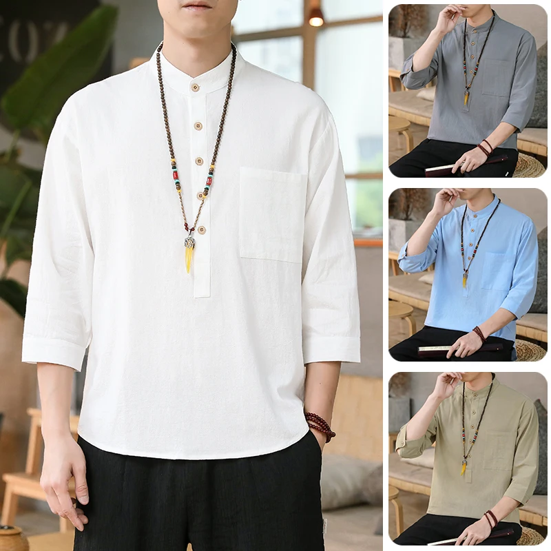 

2022 Men Linen Shirt Men's Stand-up Collar Three Quarter Shirts Summer Male Breathable Solid Color Casual Chinese Style Top