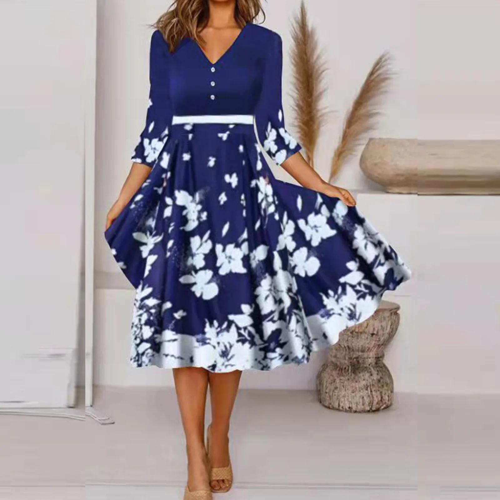 

Women Fashion And Elegant Leisure Positioning Prints Round Neck Long Sleeve Dress for Women