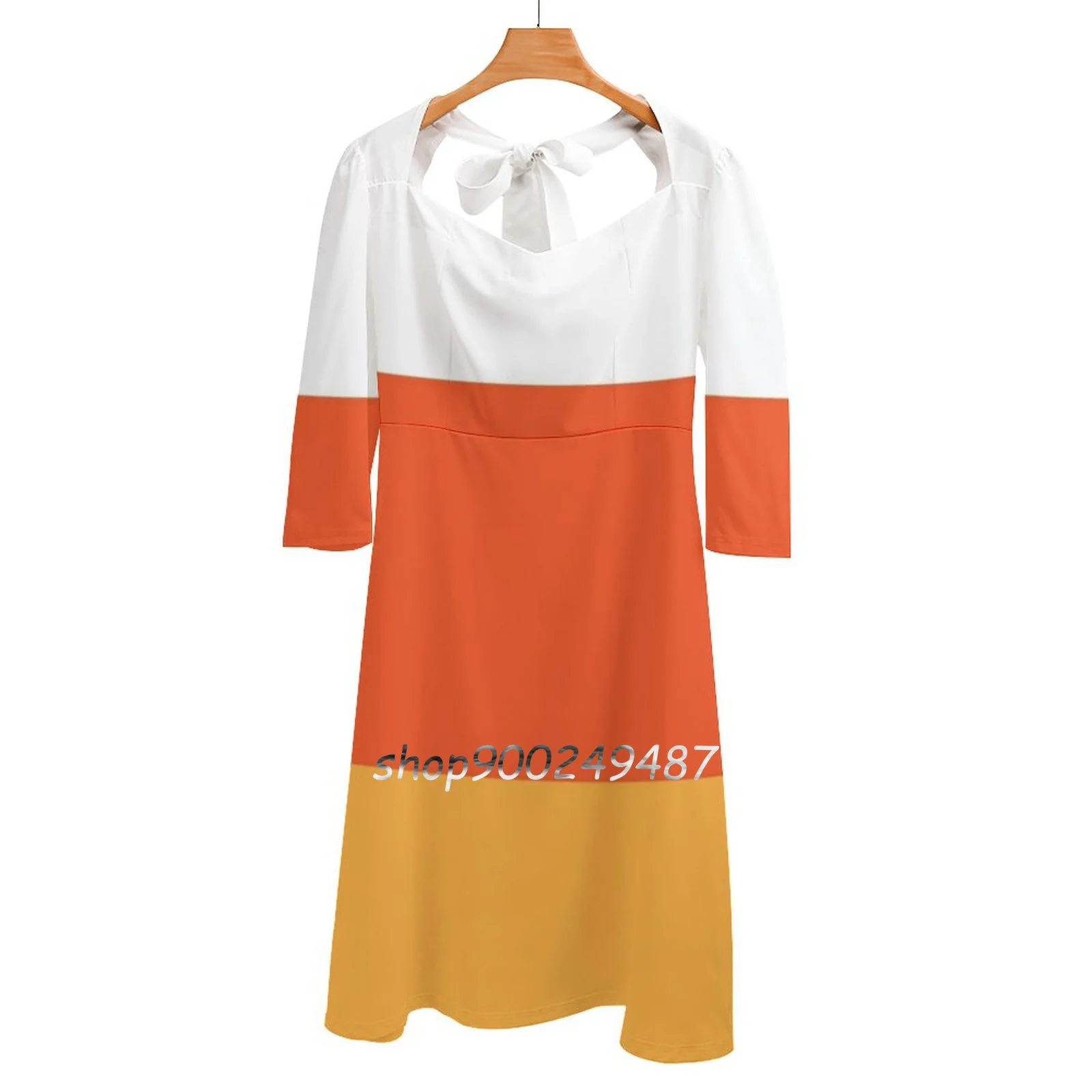 

Corn Candy Square Neck Dress Sweet Summer Dress Women Elegant Halter Print Dress Candy Corn White Yellow Orange Vector Pattern