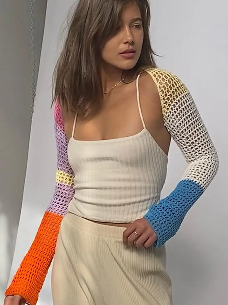 

Женский трикотажный кардиган с открытой спиной, модный короткий тонкий свитер с цветными блокировками, повседневная пикантная кофта для ул...