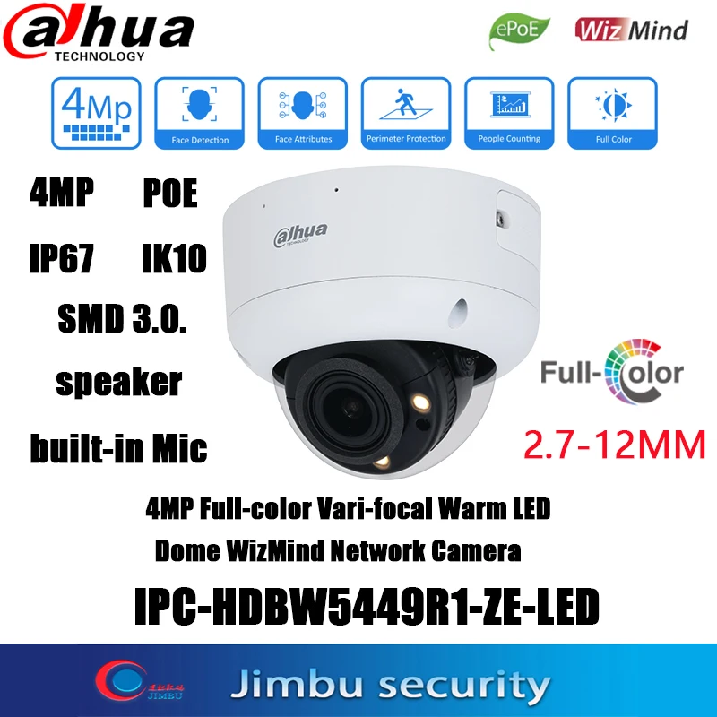 

Dahua IPC-HDBW5449R1-ZE-LED 4MP POE Surveillance Camera Built in Microphone Full Color Security Protection Dome WizMind Webcam