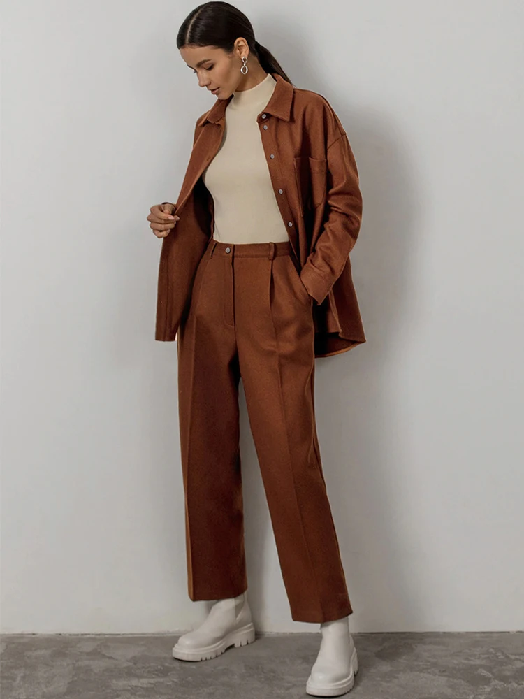 

Женский офисный костюм из двух предметов, толстая теплая шерстяная твидовая рубашка, куртка и прямые брюки с высокой талией