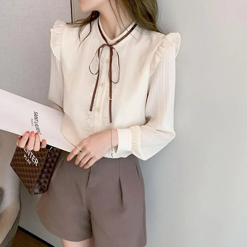 Sandro Rivers Chiffon Shirt with Bow Autumn and Winter Ladies Clothing Beige Striped Long Sleeve Blouse Airy Cardigan Tops images - 6