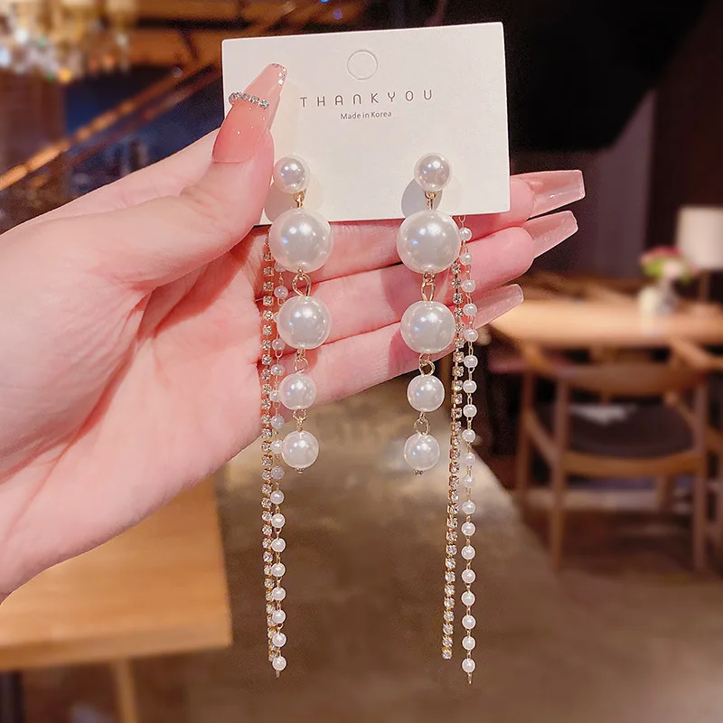 

2022 New Trendy Long Tassels Pearl Stud Earrings Ear Chain Earring Women Girls Super Fairy Earrings Party Birthday Jewelry Gift