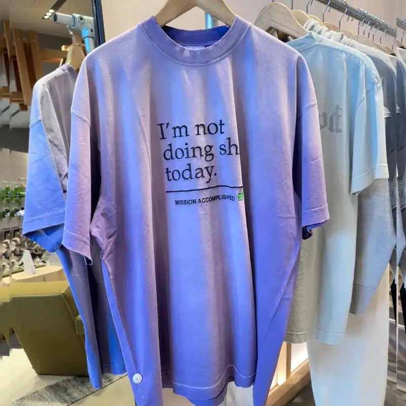 

VETEMENTS Tshirts High Quality Washed Purple Gradient Dye Embroidered Letter Short Sleeve Vintage VTM T-shirt for Men Women