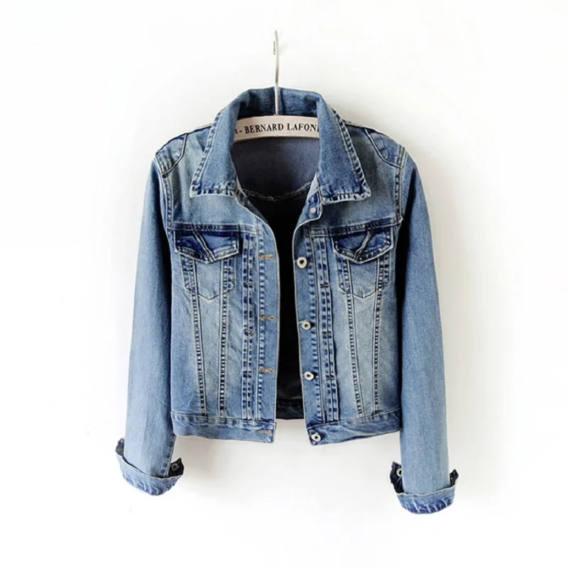 

Autumn Korean Elasticity Slim Short Denim Jacket Women Vintage Blue Cowboy Outerwear Pocket Long Sleeve Jeans Jacket Coat Female