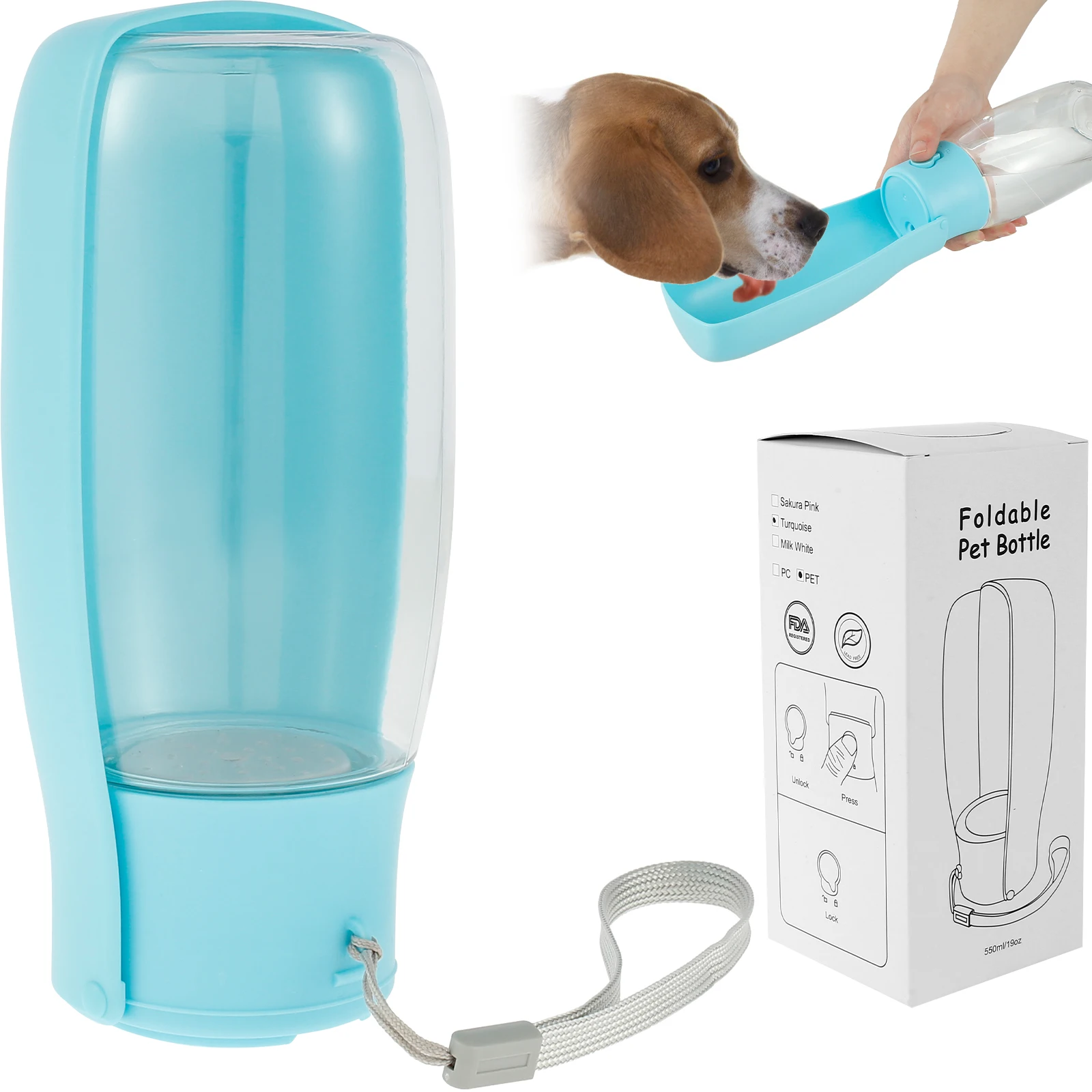 

Foldable Dog Water Bottle with Lanyard 550ml/19oz Dog Walking Bottle with Drinking Feeder Leak Proof Pet Water Cup with Filter
