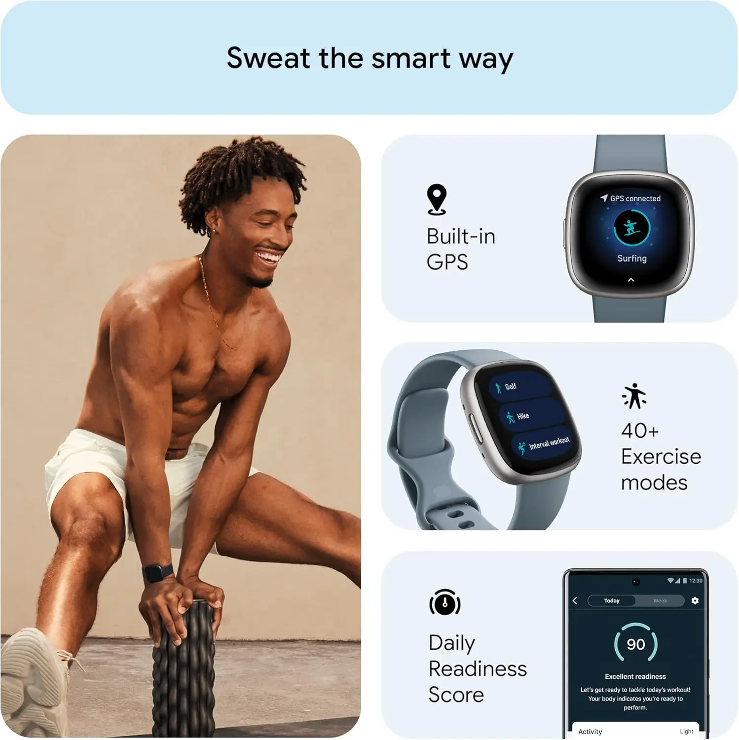 Фото Умные часы Fitbit Versa 4 с GPS, фитнес-трекером, круглосуточным мониторингом сердечного ритма, SpO2 и сна, водонепроницаемостью до 50 м, для бега, плавания, тренажерного зала и активного отдыха на природе. №3