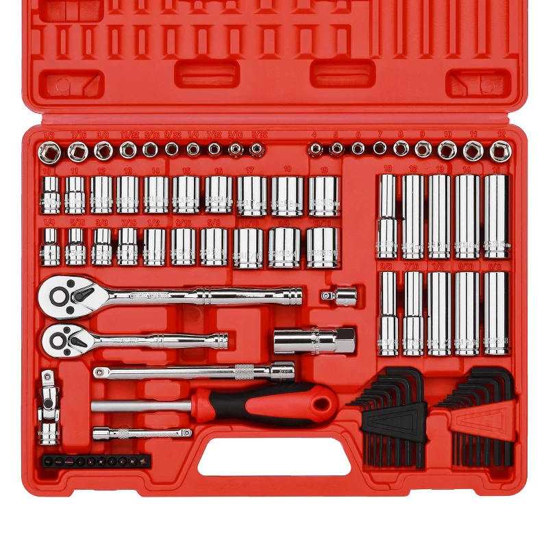 

1/4 inch & 3/8 inch Drive SAE and Metric Socket Set Standard and Deep Sizes with Ratchet Extension Bars and Universal Joint 83-P