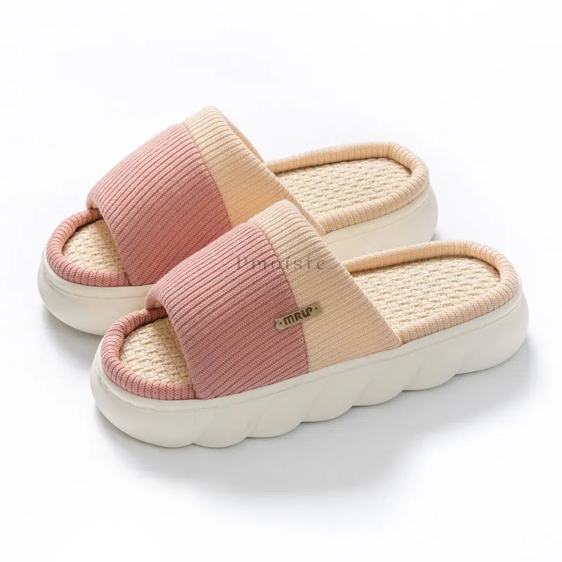 Female Indoor Slippers Striped Mix-color Shoes for Women Home Slides Open Toe Thick Sole Slippers Woman Linen Flat Shoes Comfort