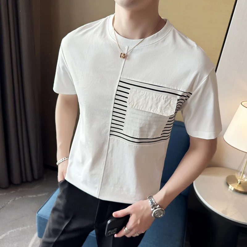 

2023 Летняя мужская футболка с коротким рукавом, модная Корейская свободная футболка с круглым вырезом, уличная мужская одежда