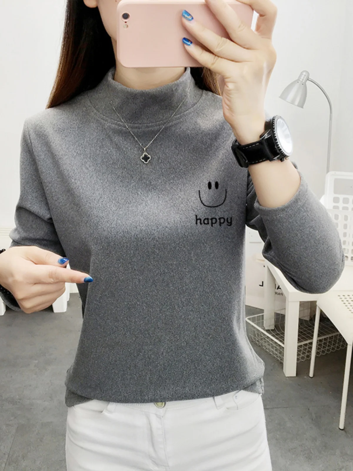 Dralon Bottoming Shirt Half-high Collar Winter Inner wear Slim fit Simple Long sleeves Fleece-lined Thickened Women War...