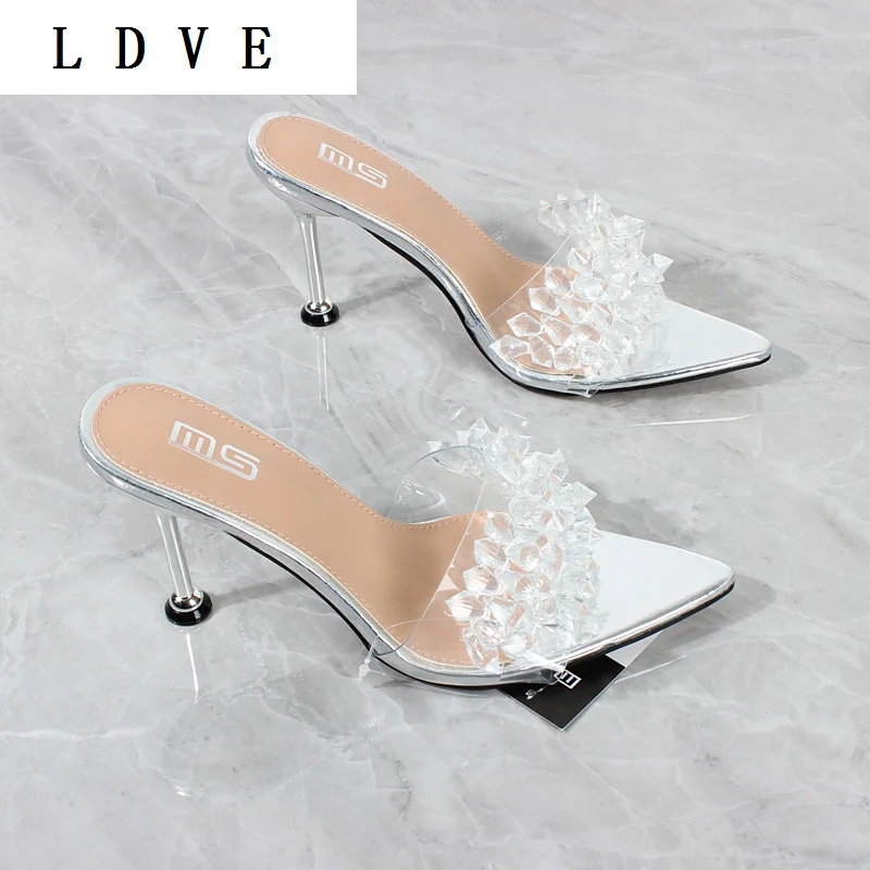 

Sandals Women's High Heels Fashion Crystal String Bead Pointed Toe PVC Stiletto Sandals Outside Sexy Party Shoes 10CM
