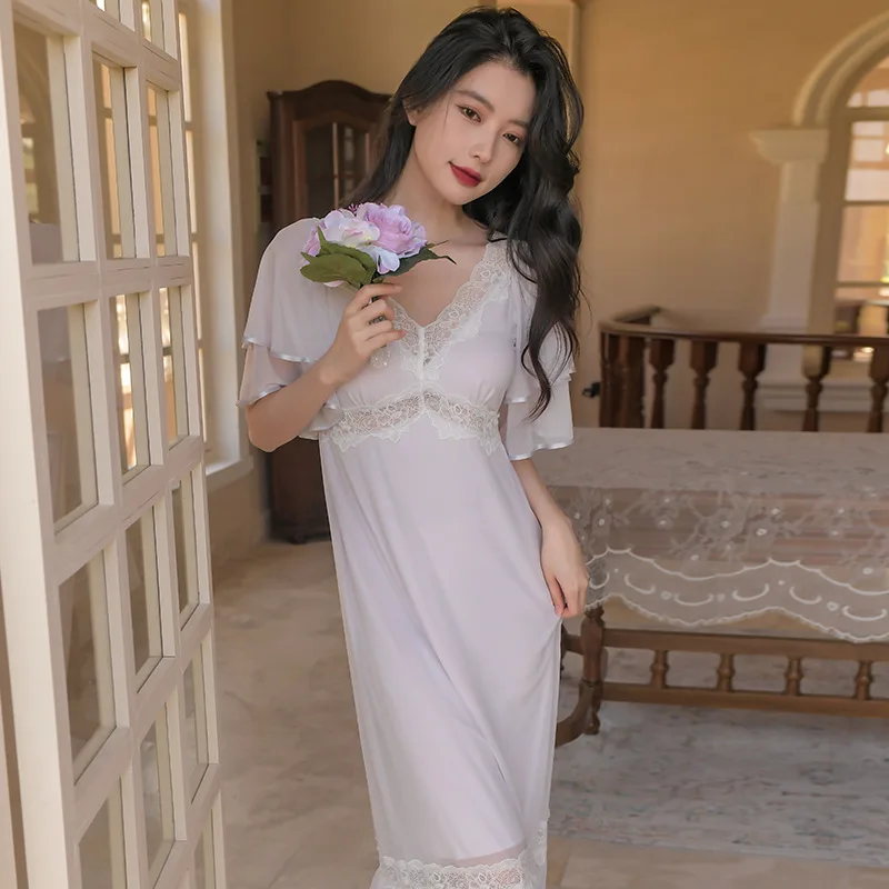 New princess style nightdress sweet lace modal pajamas women sexy nightwear sleeping dress
