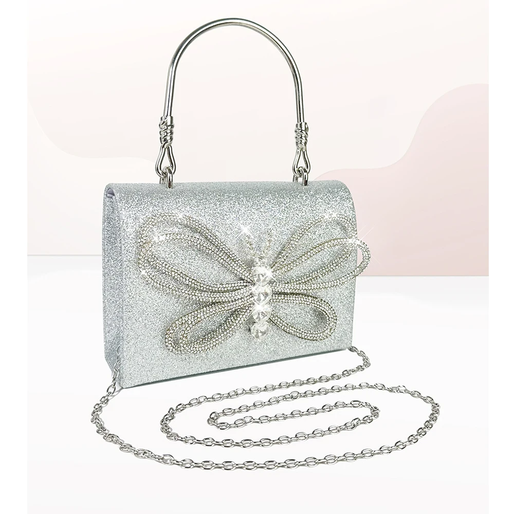 

Metallic Handle Women Handbags Diamonds Bow Evening Bag Luxury Designer Wedding Clutch Ladies Chains Shoulder Crossbody Bags New