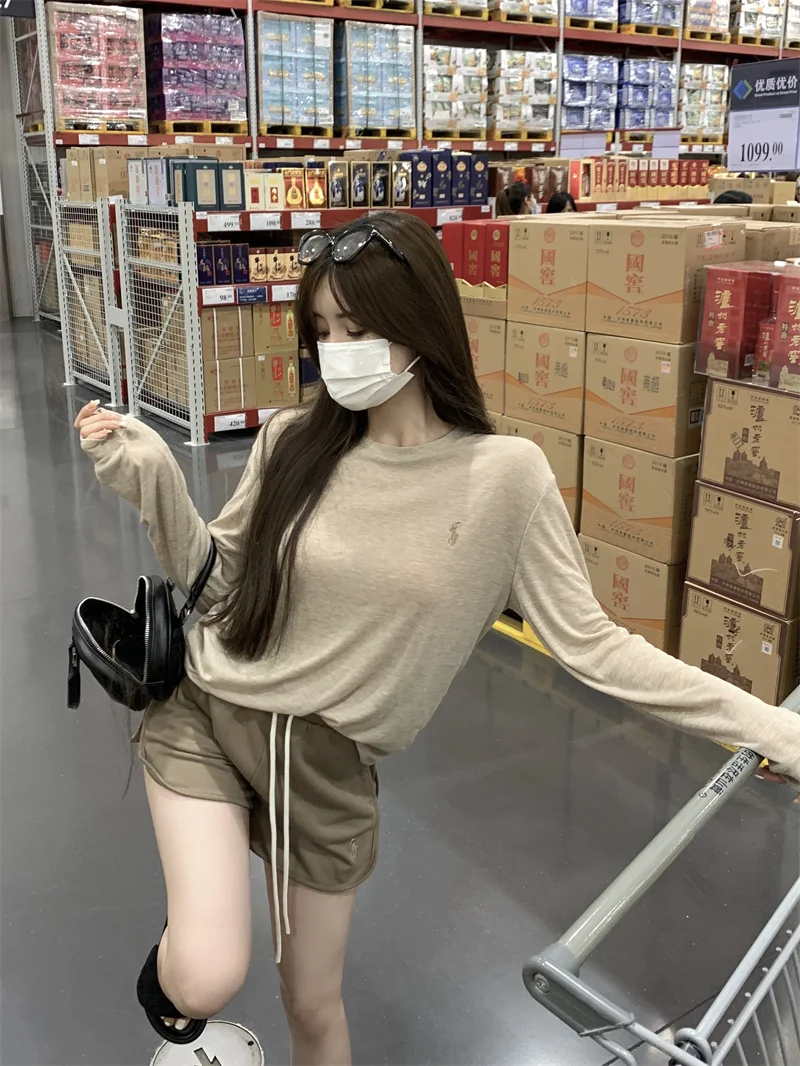 

GBG4085 Long sleeved T-shirt for women's summer new Korean style loose and thin style westernized mid length versatile top trend