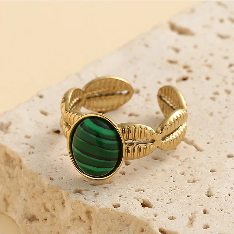 

Luxurious Natural Stone Ring For Women Girls Vintage Adjustable Stainless Steel Opening Ring Gold 14K Plated Party Jewelry Gifts