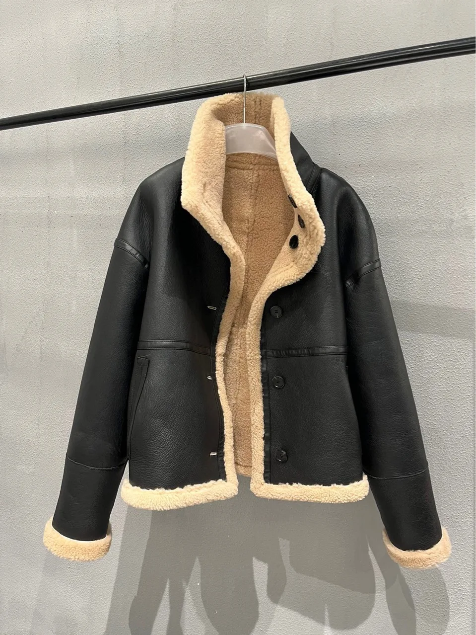 Autumn Korean Style Chic Women's High Quality Wool Fur Sheepskin Leather Casual Coat C783